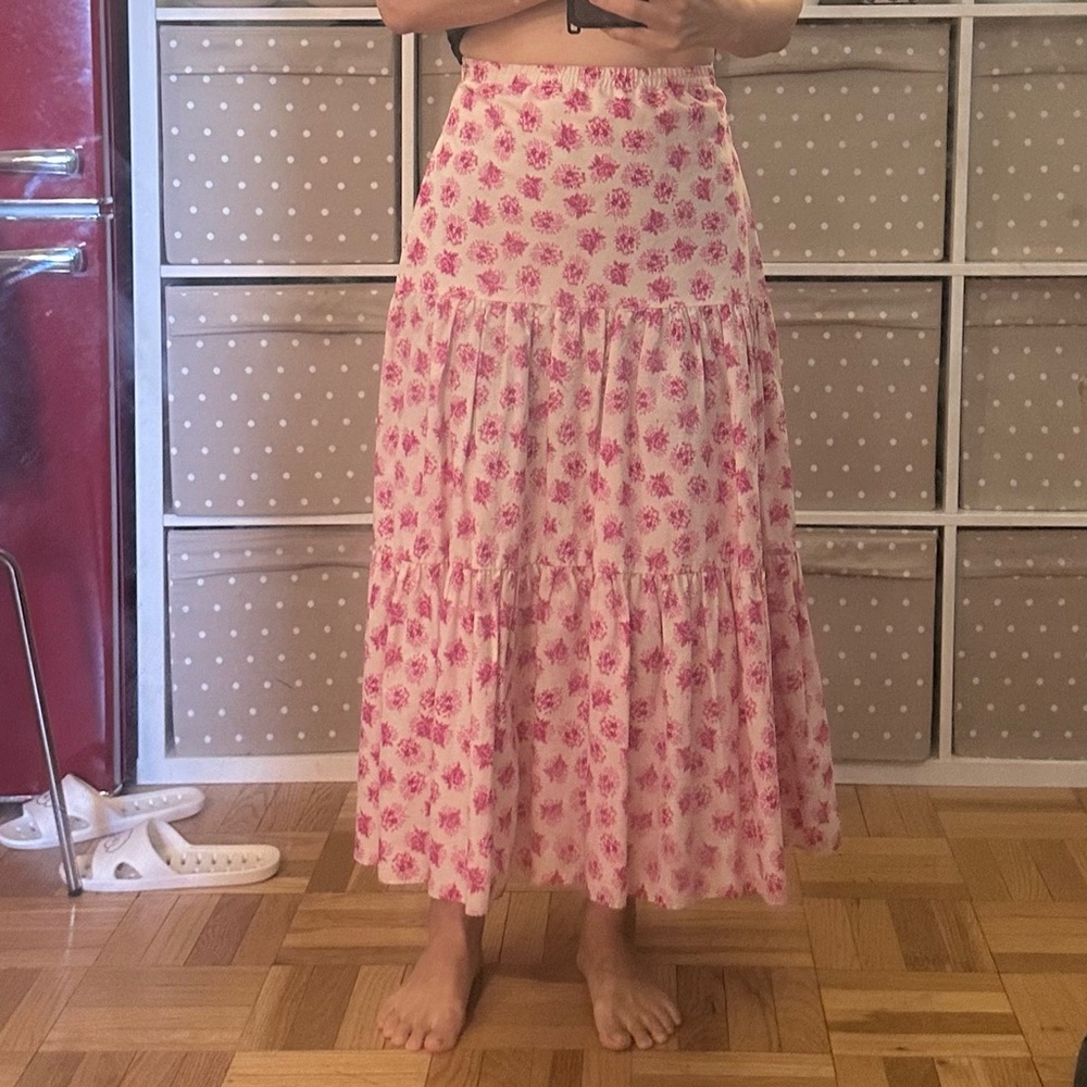 Zara Pink Floral Tiered Midi Skirt
